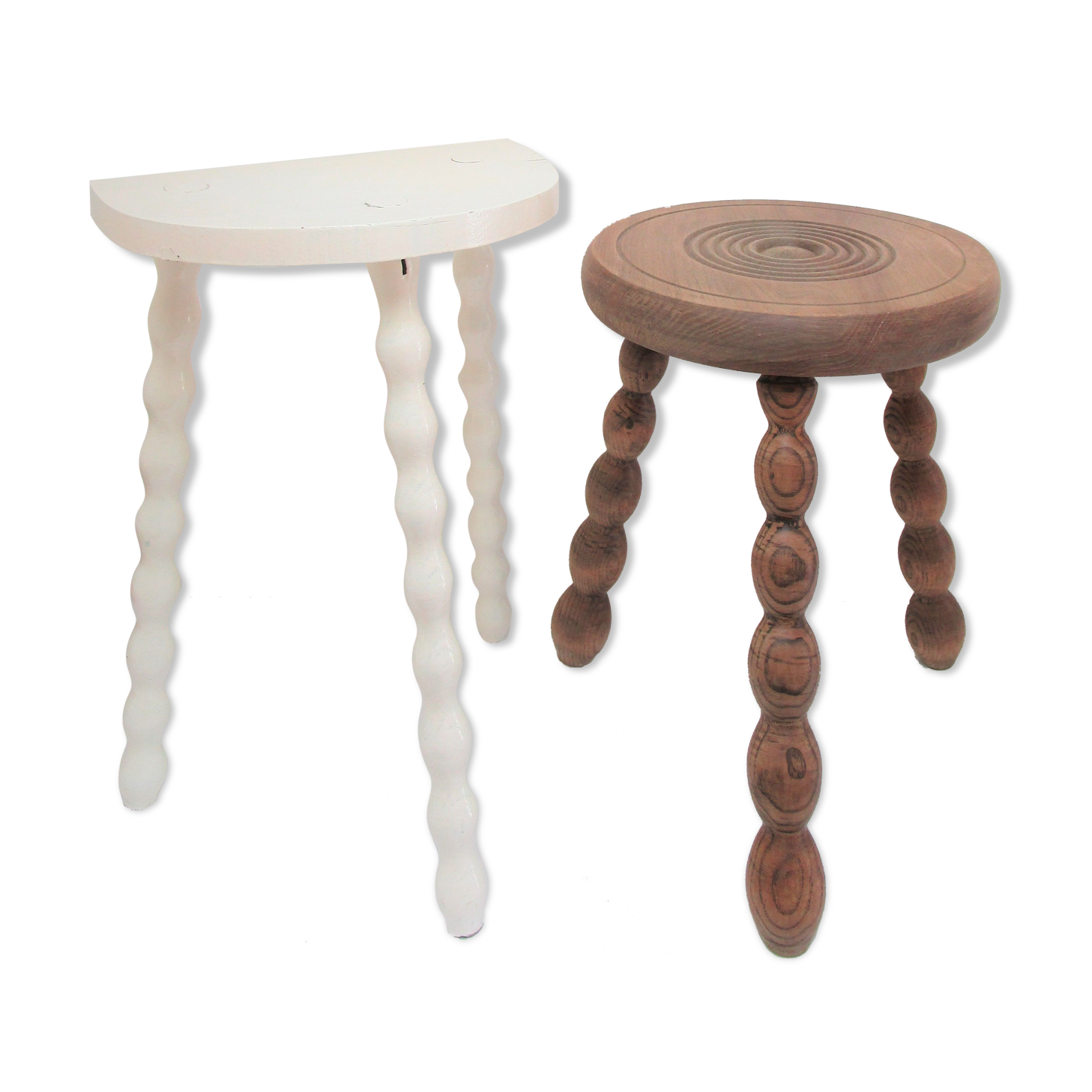 Two vintage tripod solid wood stools