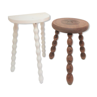 Two vintage tripod solid wood stools