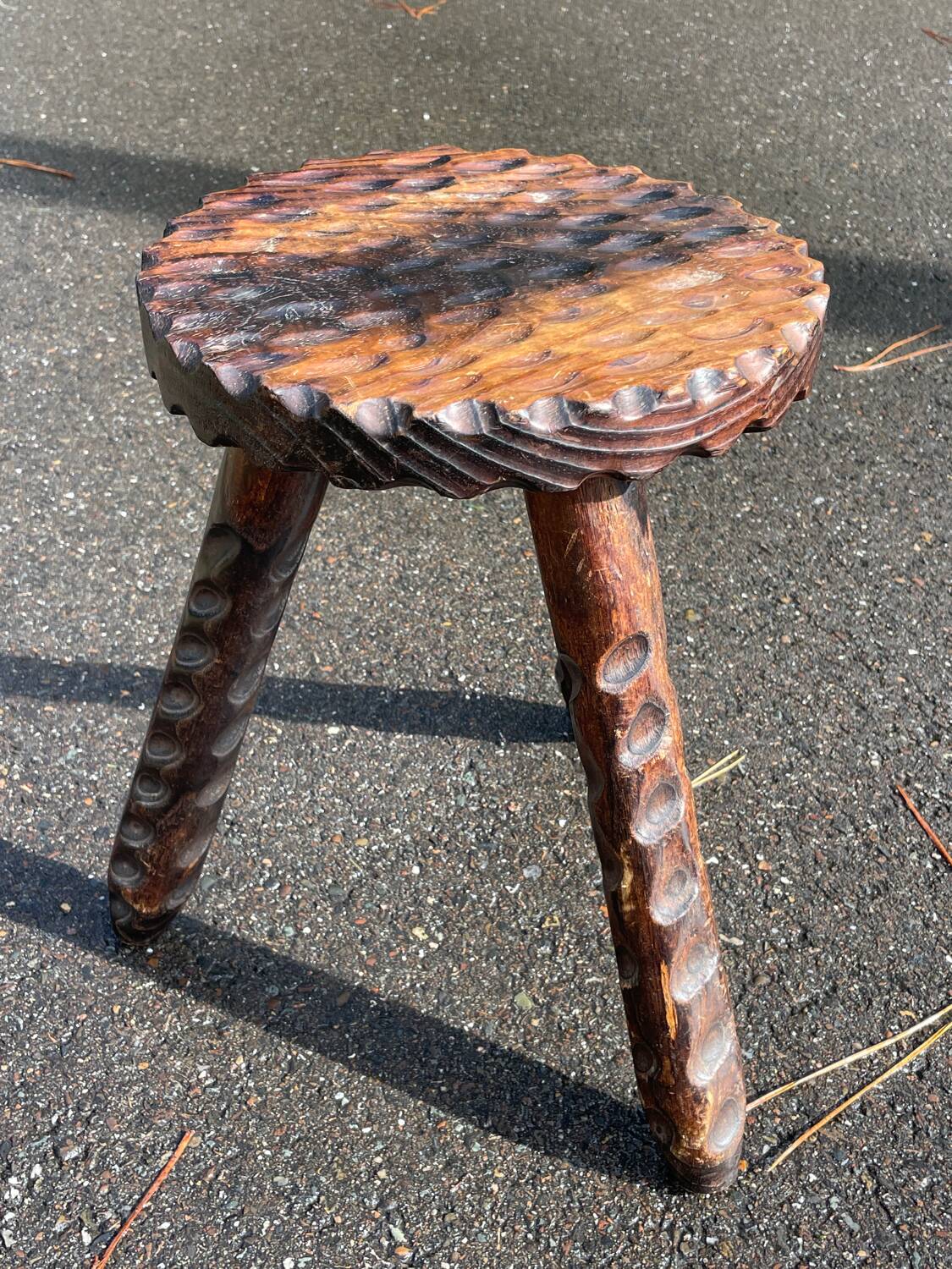 Brutalist low tripod wooden stool