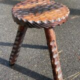 Brutalist low tripod wooden stool