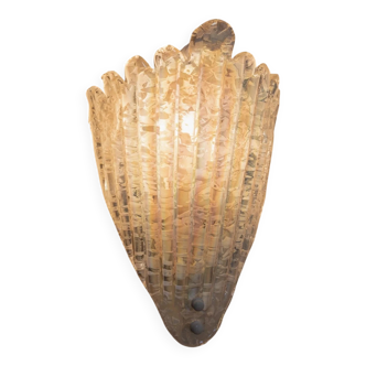 Vintage Murano Glass Shell Wall Lamp in Opal White with Gold Metal Backplate, Italian 1970s Design