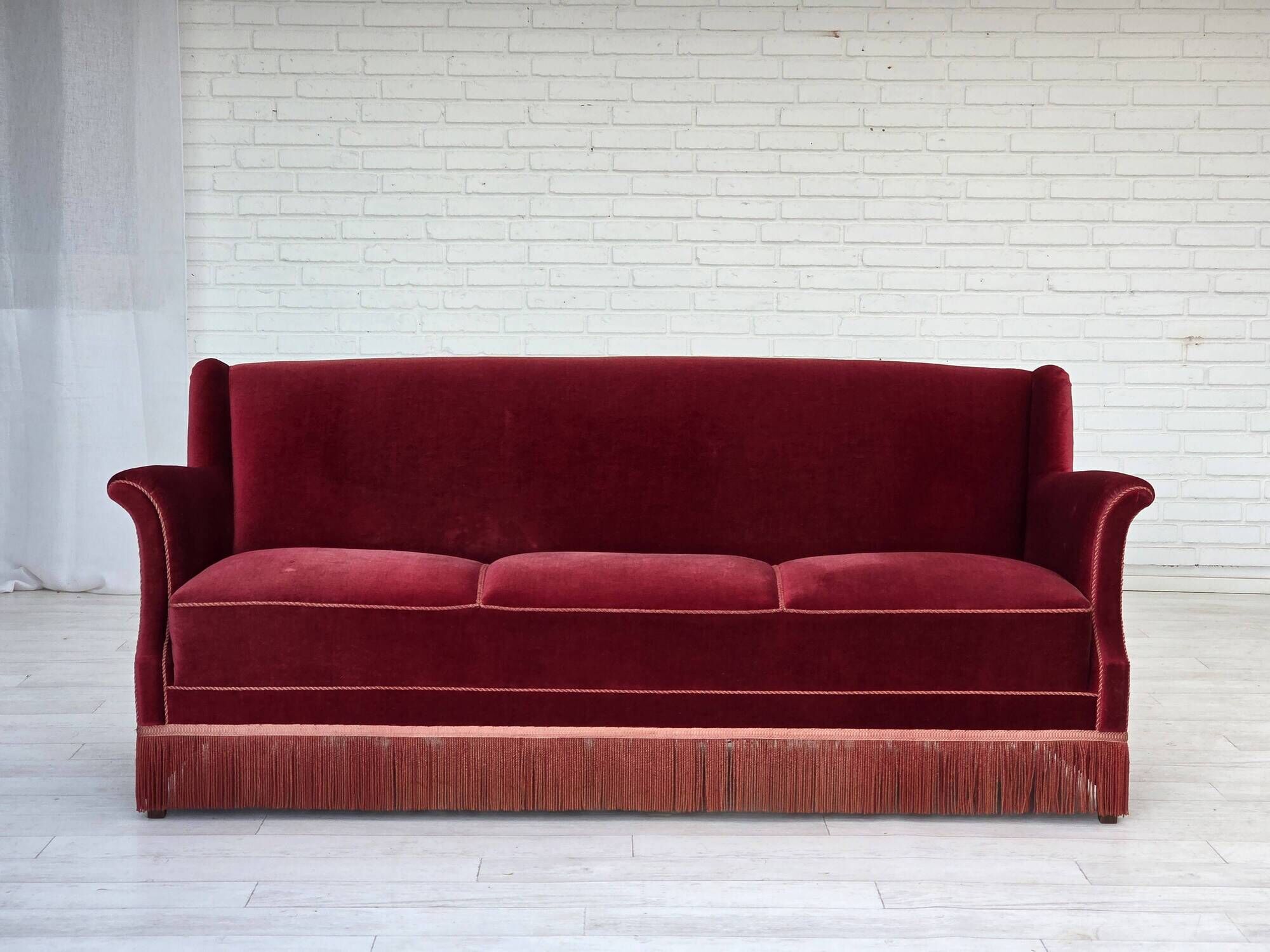 1960s, Danish 3-seater sofa, cherry-red furniture velour, ash wood.