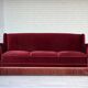 1960s, Danish 3-seater sofa, cherry-red furniture velour, ash wood.