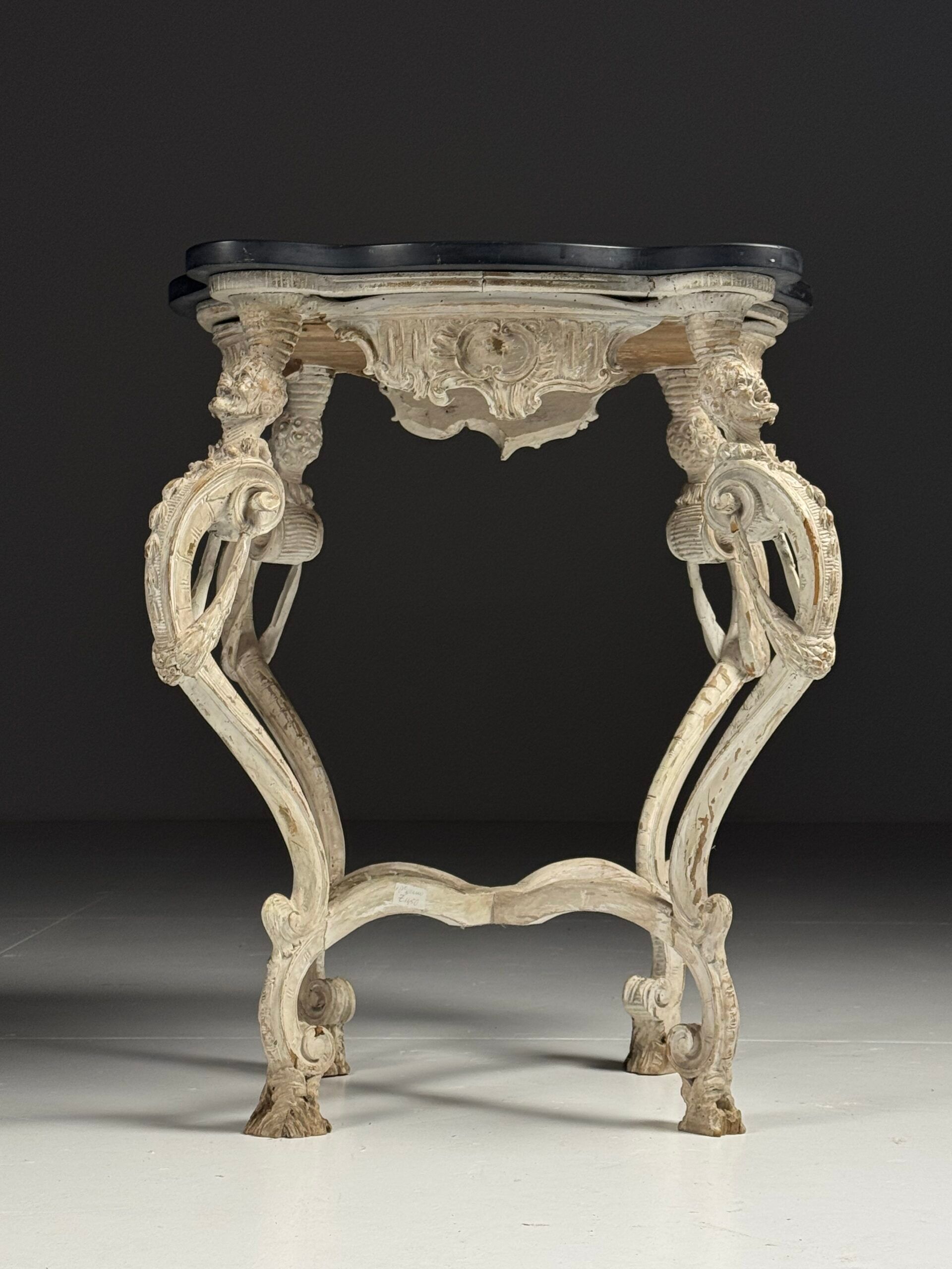 French side table hand-carved wood with marble top