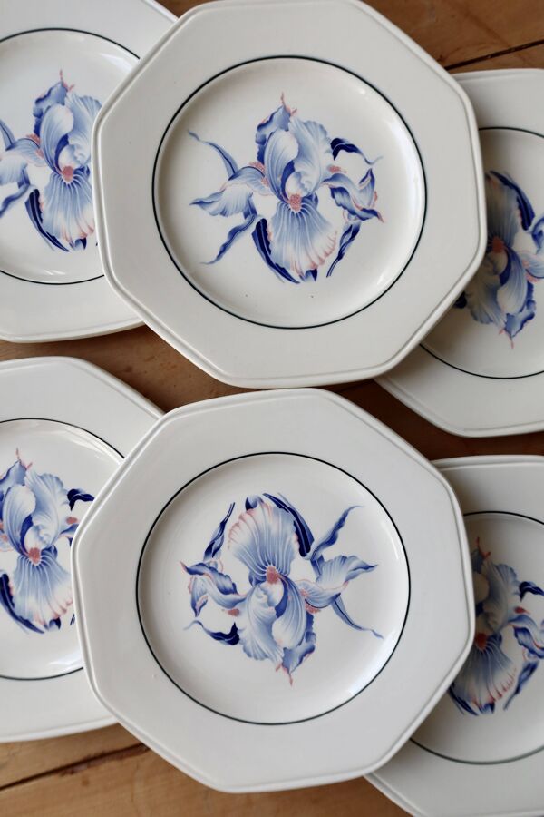 6 assiettes à dessert vintage faïence forme octogonale Moulin des Loups