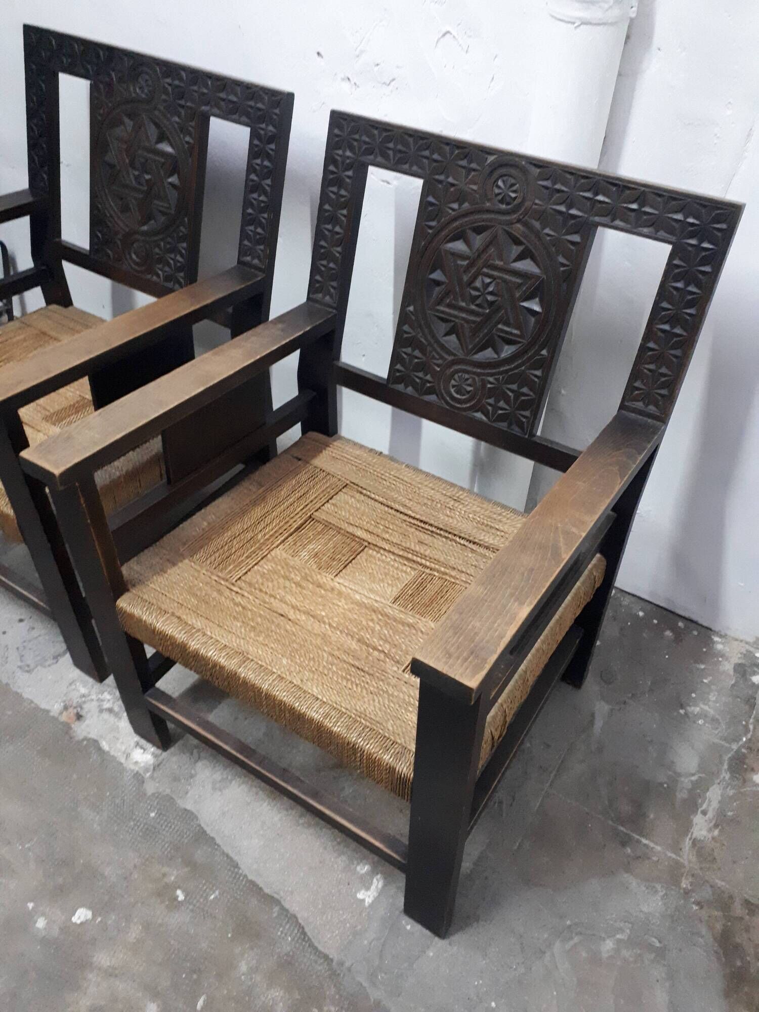 Pair of carved solid wood armchair and vintage rope 1950