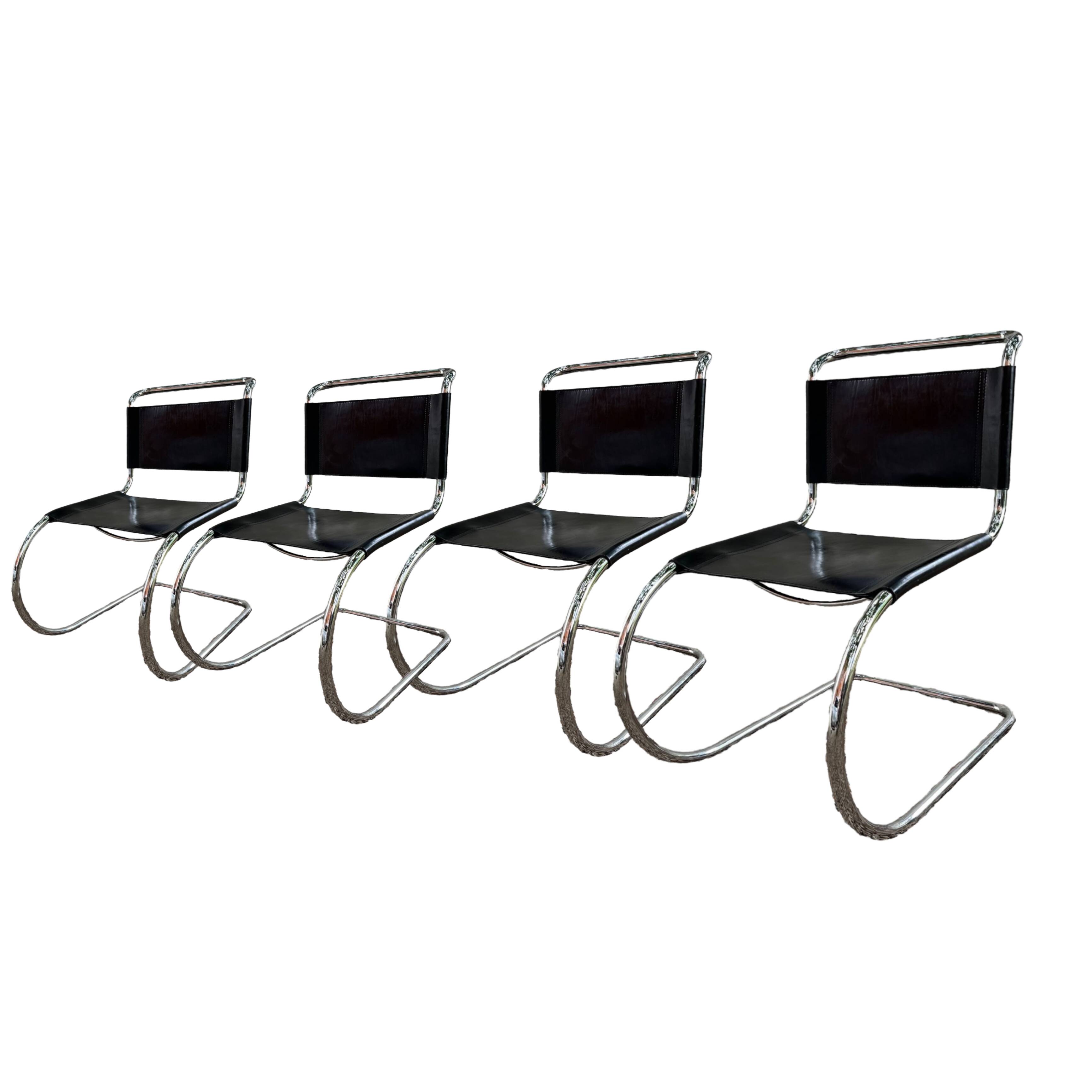 Set of 4 mr10 cantilever chairs chrome steel & black leather, ludwig mies van der rohe / fasem 1970s