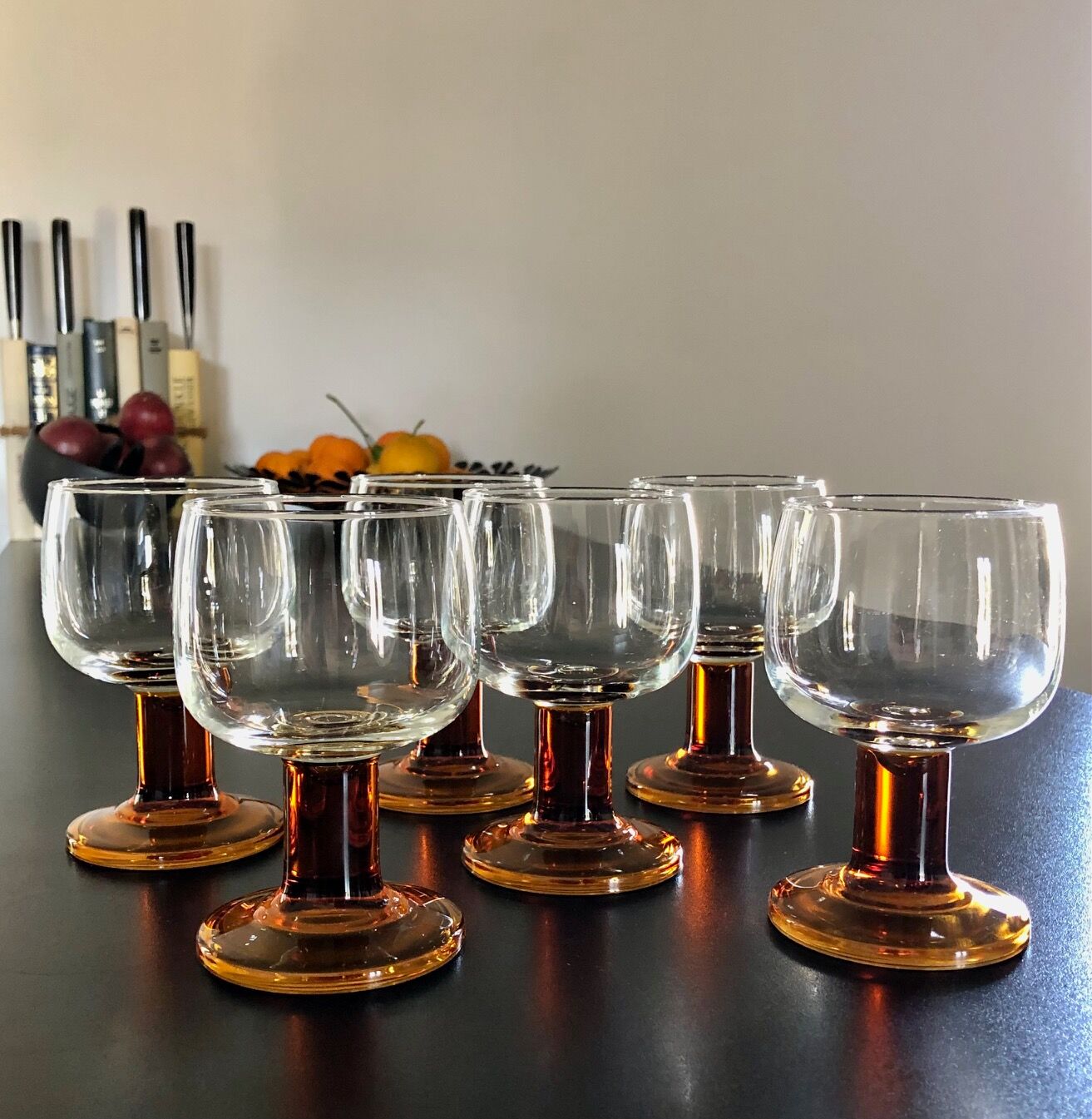 6 Amber stemmed glasses an'70