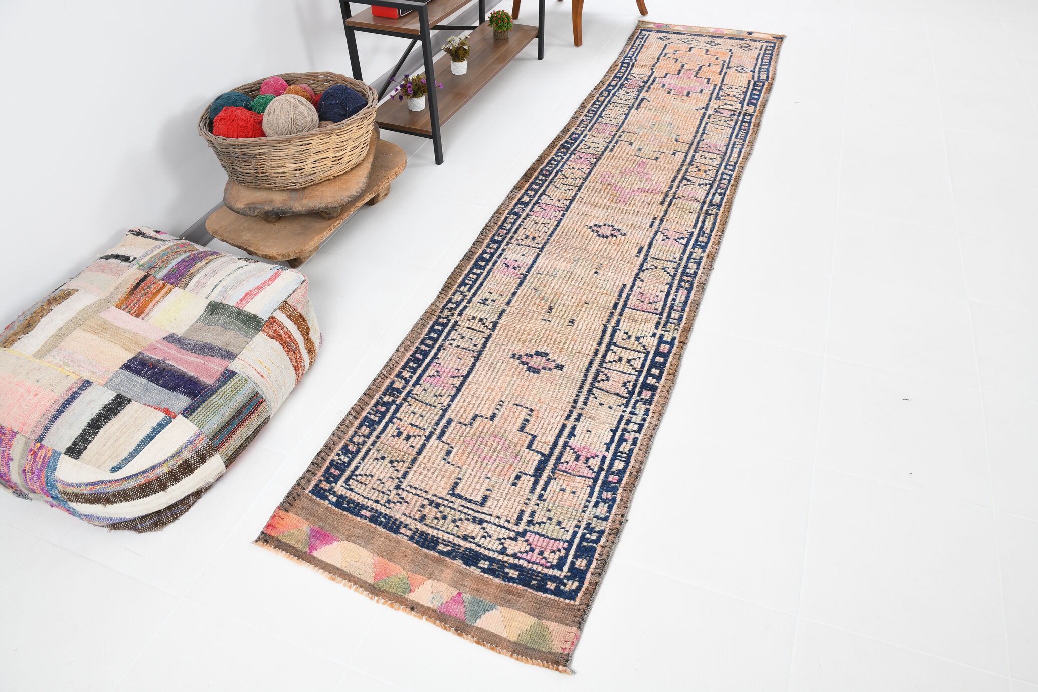 Pale orange & navy blue vintage runner rug 78x357cm