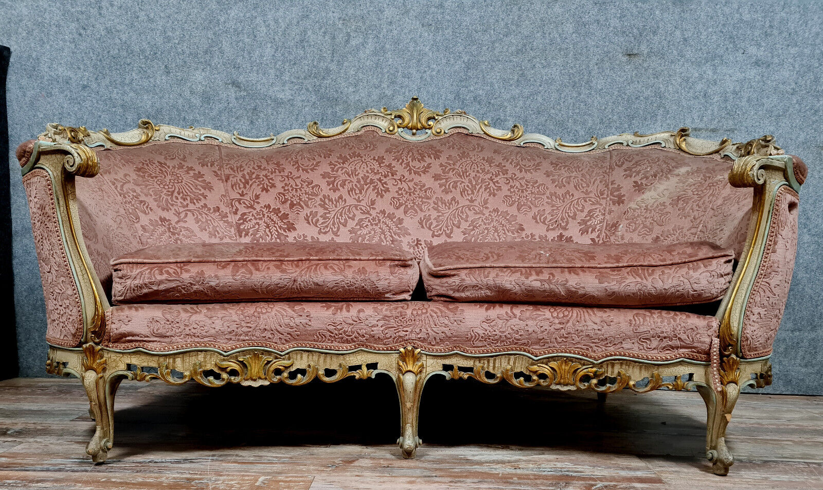 Banquette basket Louis XV Venetian lacquered and gilded wood circa 1900