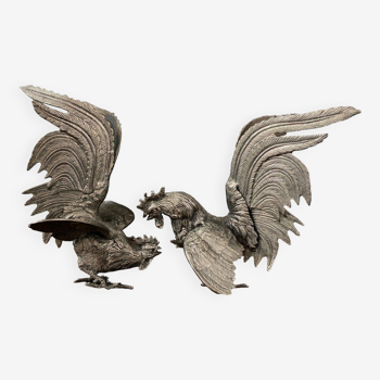 Pair of fighting cocks in silver spelter early 20th century