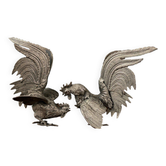 Pair of fighting cocks in silver spelter early 20th century