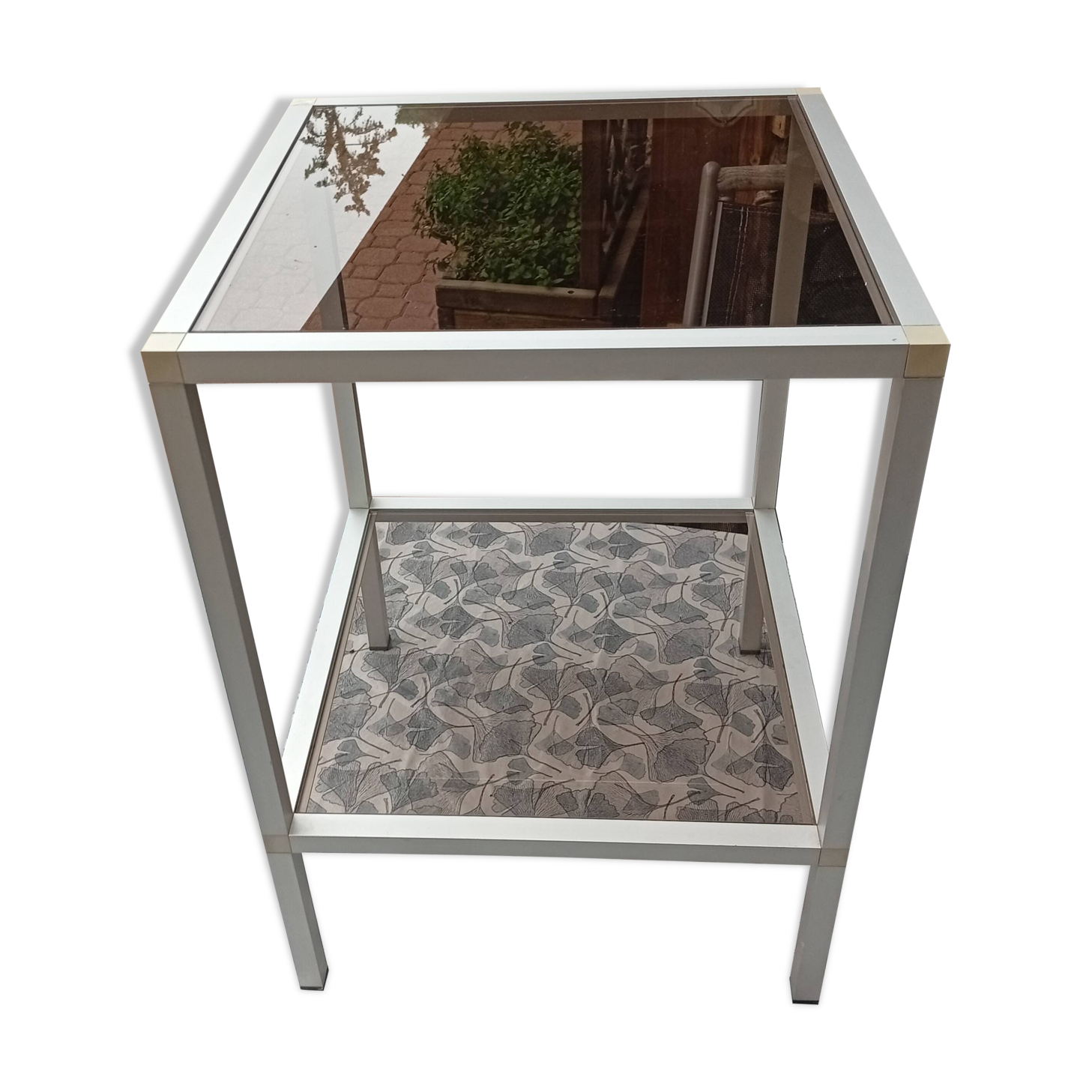 Table d'appoint en aluminium, vitres fumées