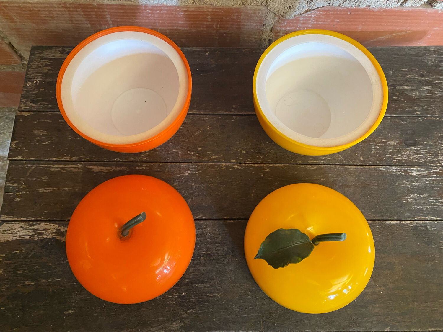 Ice Buckets Apple + Lemon Plastic Orange Yellow 70’s Vintage