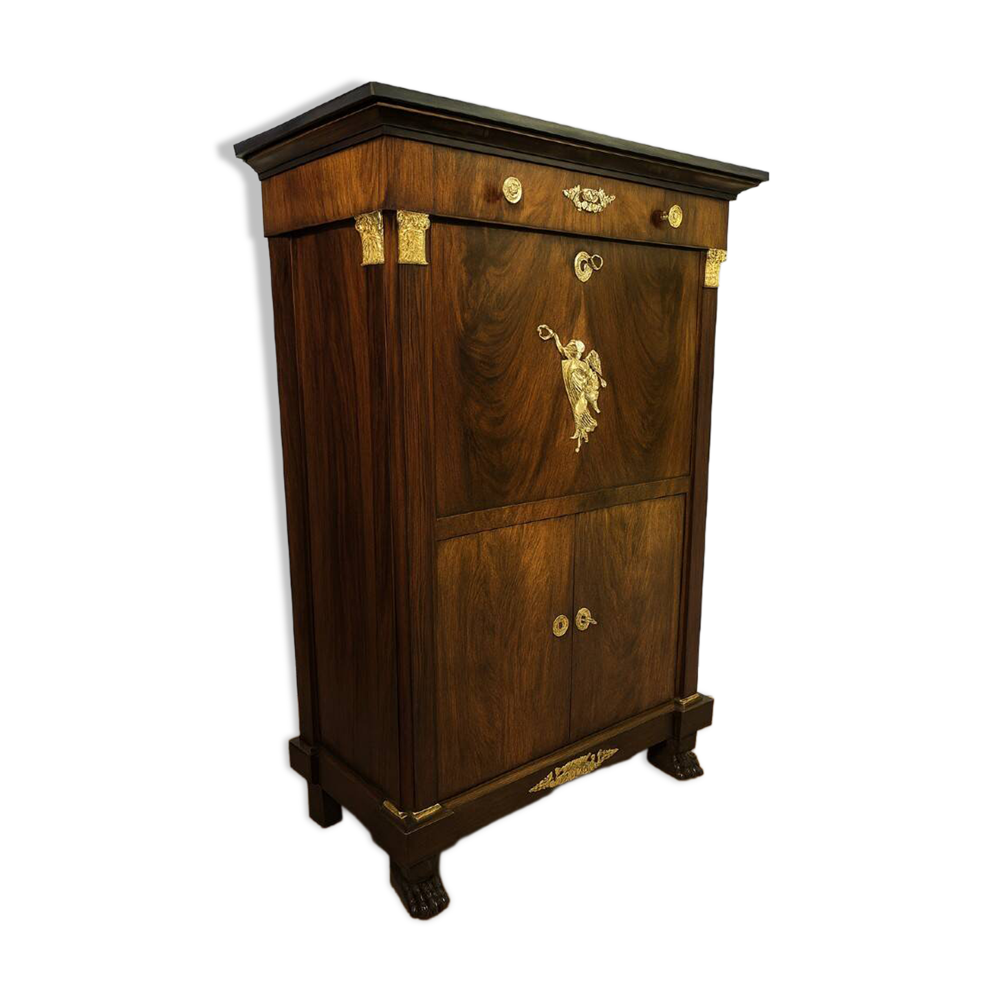 Rare Empire period mahogany secretary with four columns topped with bronze capitals.