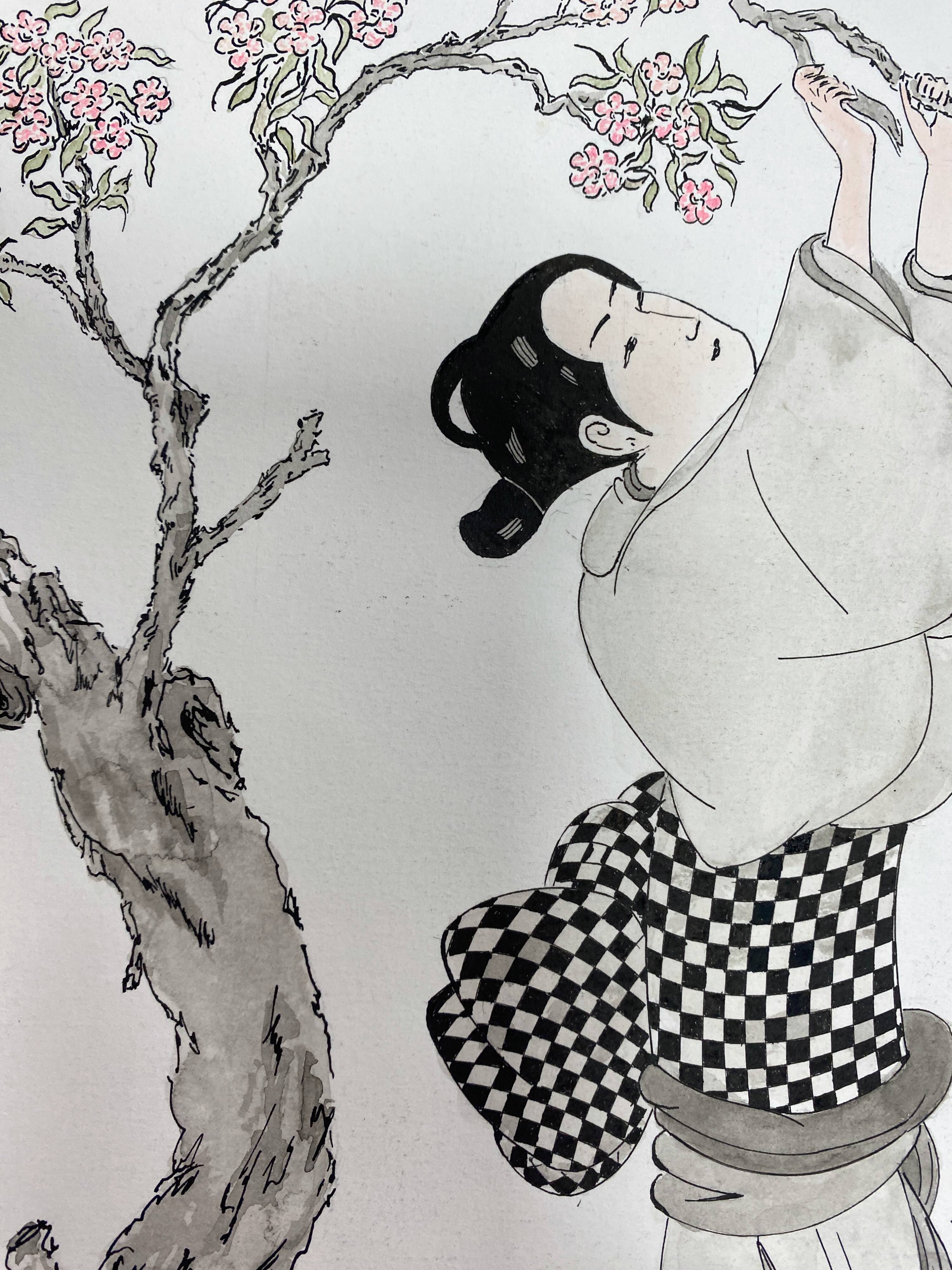 Original drawing painting ink and watercolor signed Asia