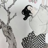 Original drawing painting ink and watercolor signed Asia