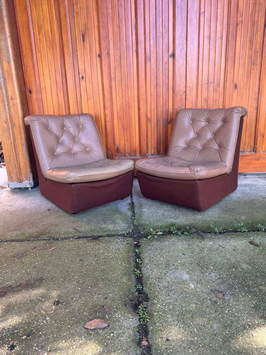 Pair of Mid-Century armchairs in brown leather and fabric, 1960s, Czech Republic.