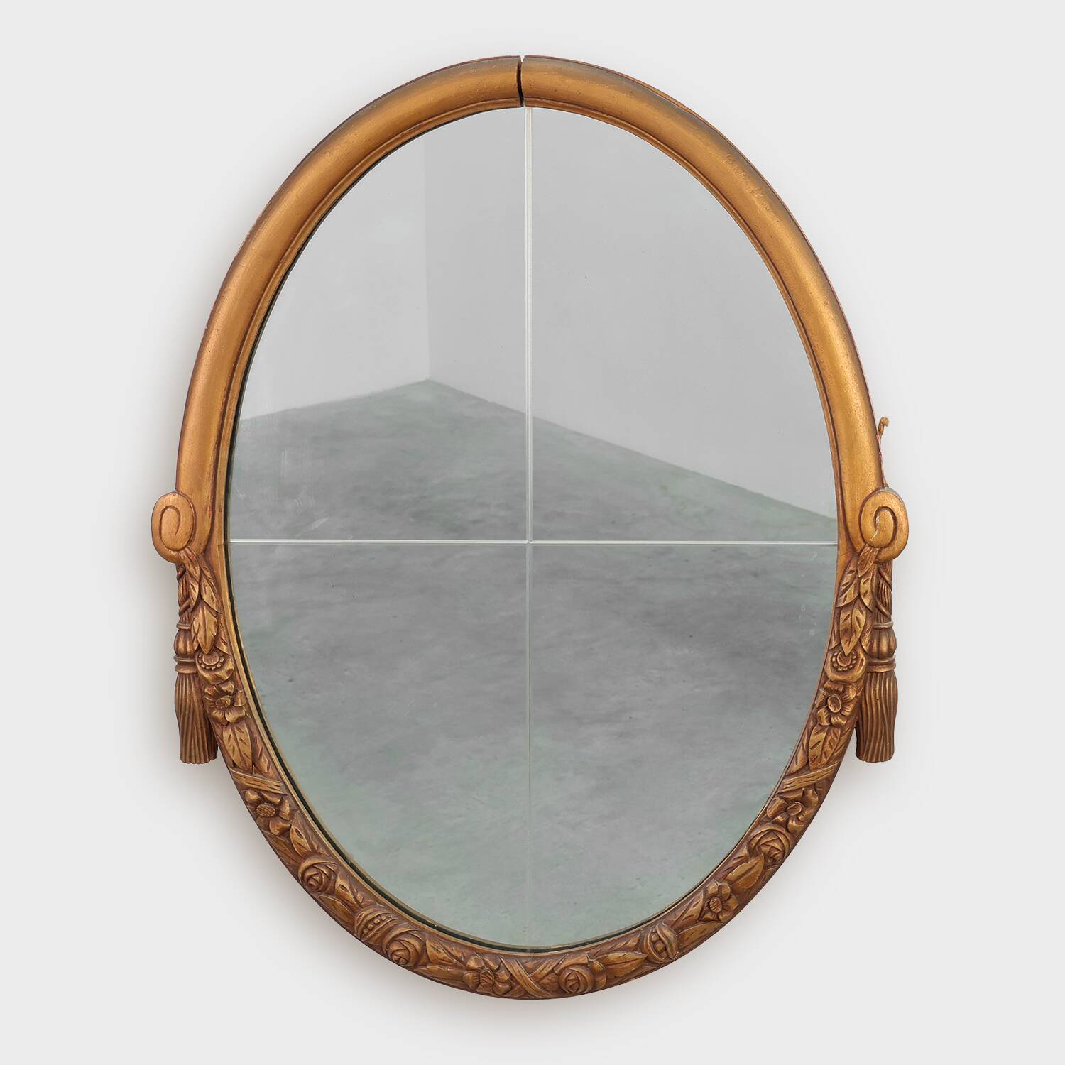 French oval gilded oak  carved art deco mirror, ca. 1925