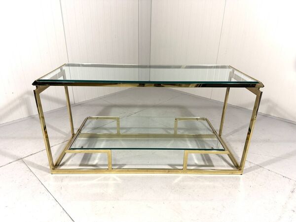 Console à deux niveaux en laiton et verre biseauté, années 1970