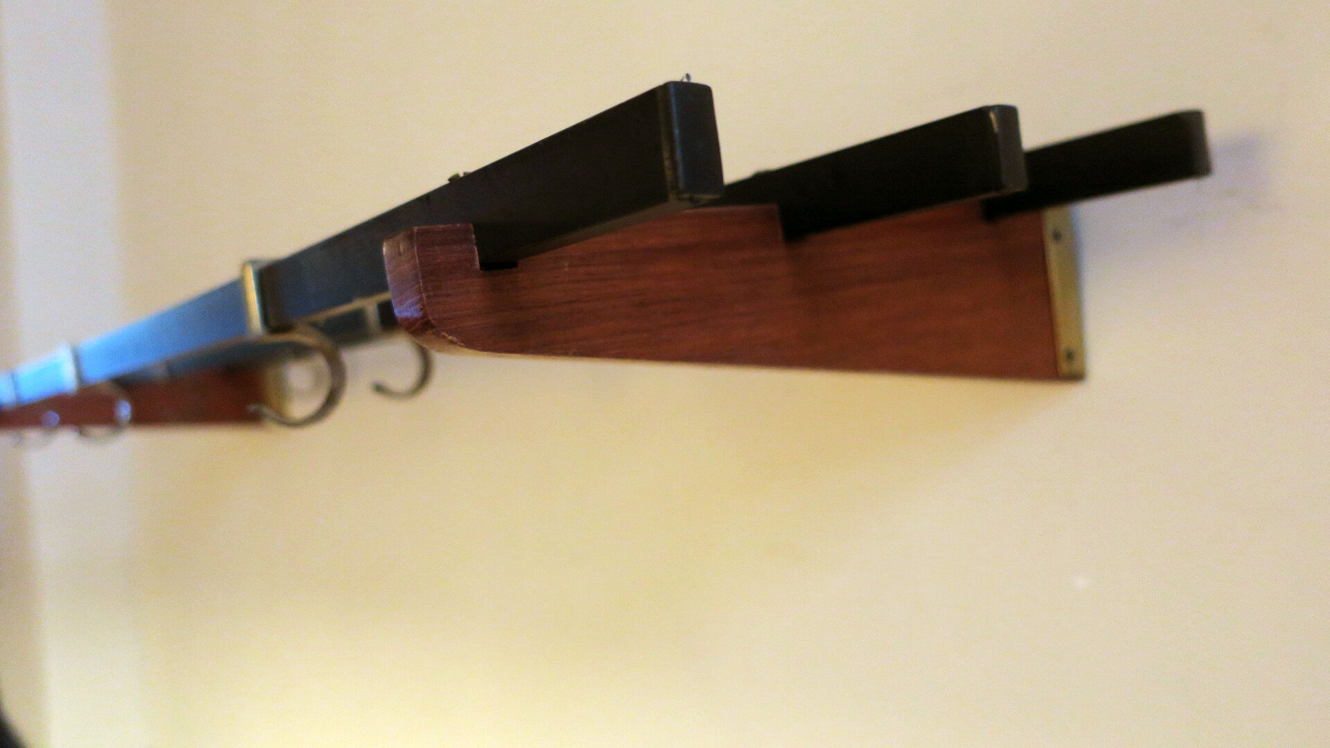 Teak, brass and black metal coat and hat rack, 1960