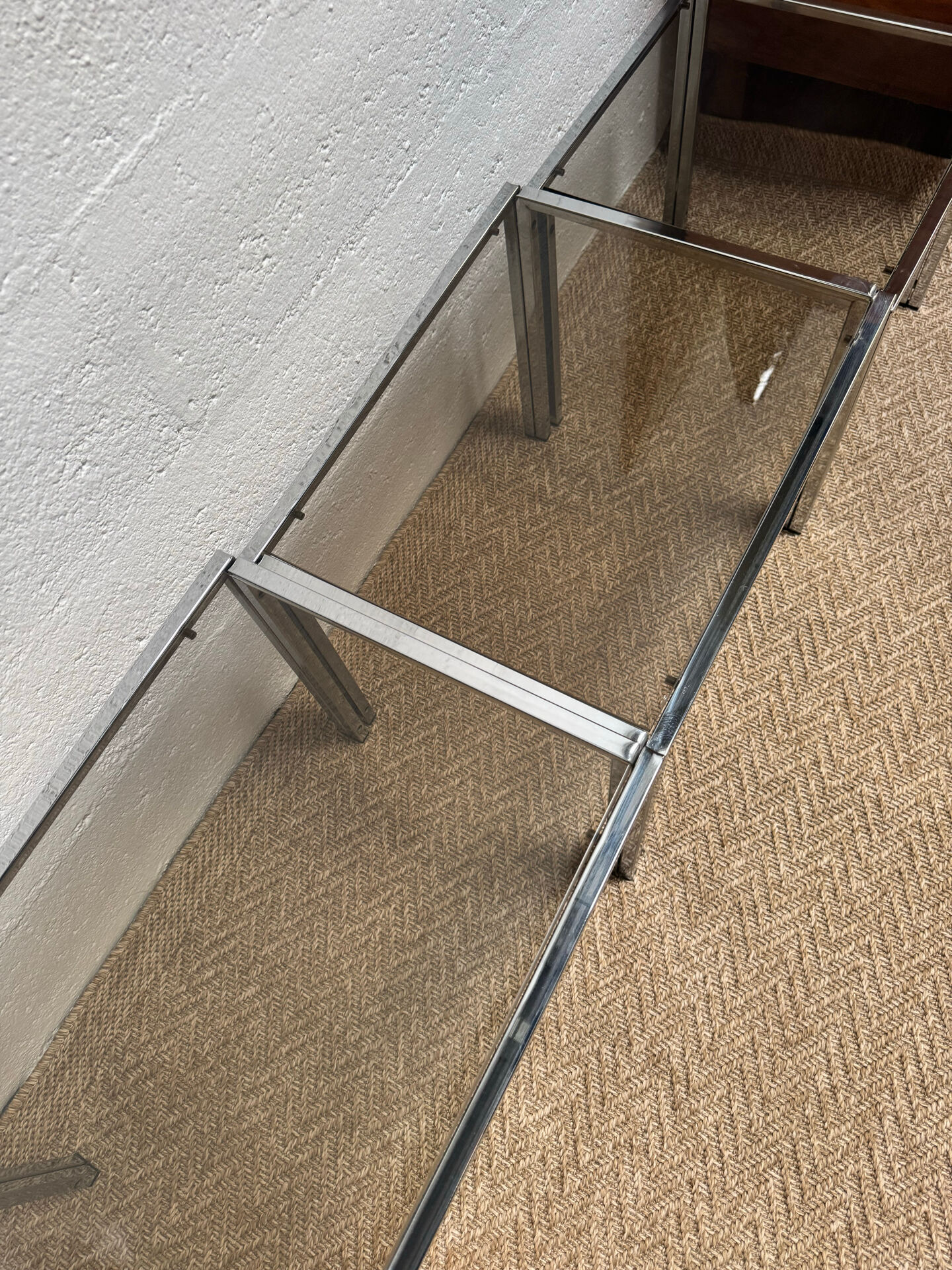 Set of 3 vintage nesting tables – Chrome metal & smoked glass