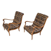 Paire de fauteuils MCM "Mitzi" par Ezio Longhi, bois de cerisier et velours, 1960s