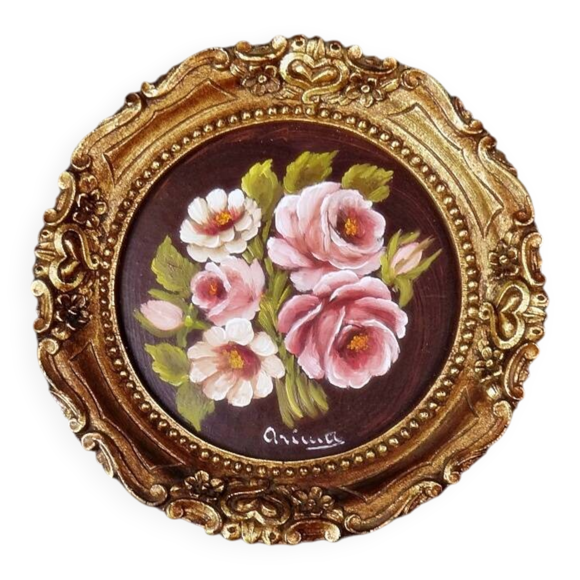 Still life in Tondo oil on panel of a bouquet of pink roses signed