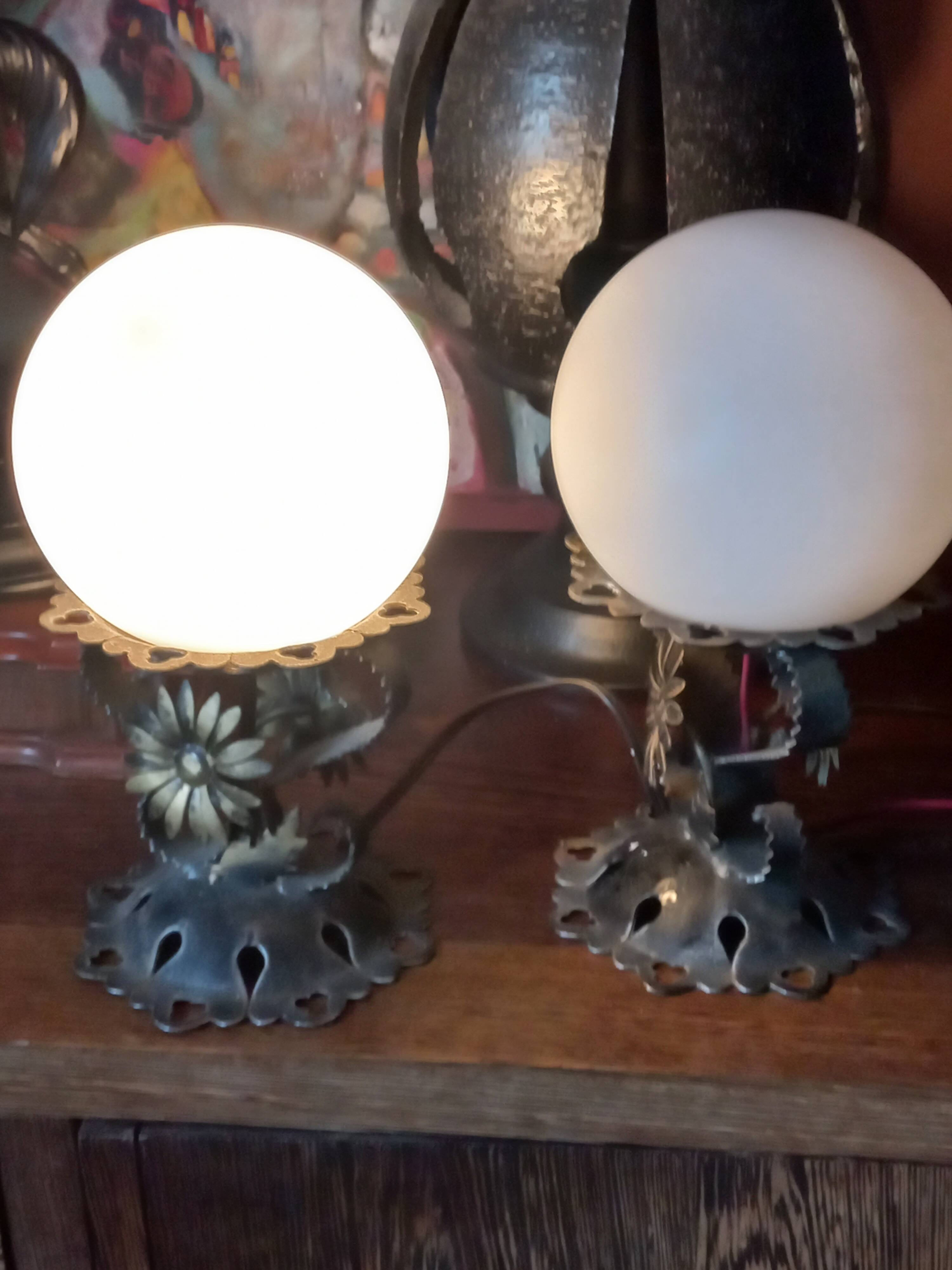 Pair of vintage wrought iron and opaline lamps from the 1960s.