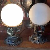 Pair of vintage wrought iron and opaline lamps from the 1960s.