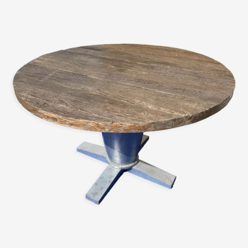 Table ronde industrielle en bois de manguier et aluminium