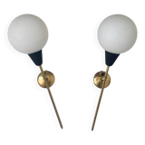Pair of vintage brass and opaline wall sconces