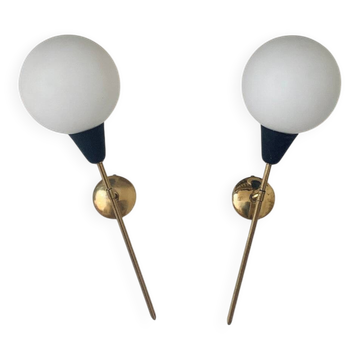 Pair of vintage brass and opaline wall sconces