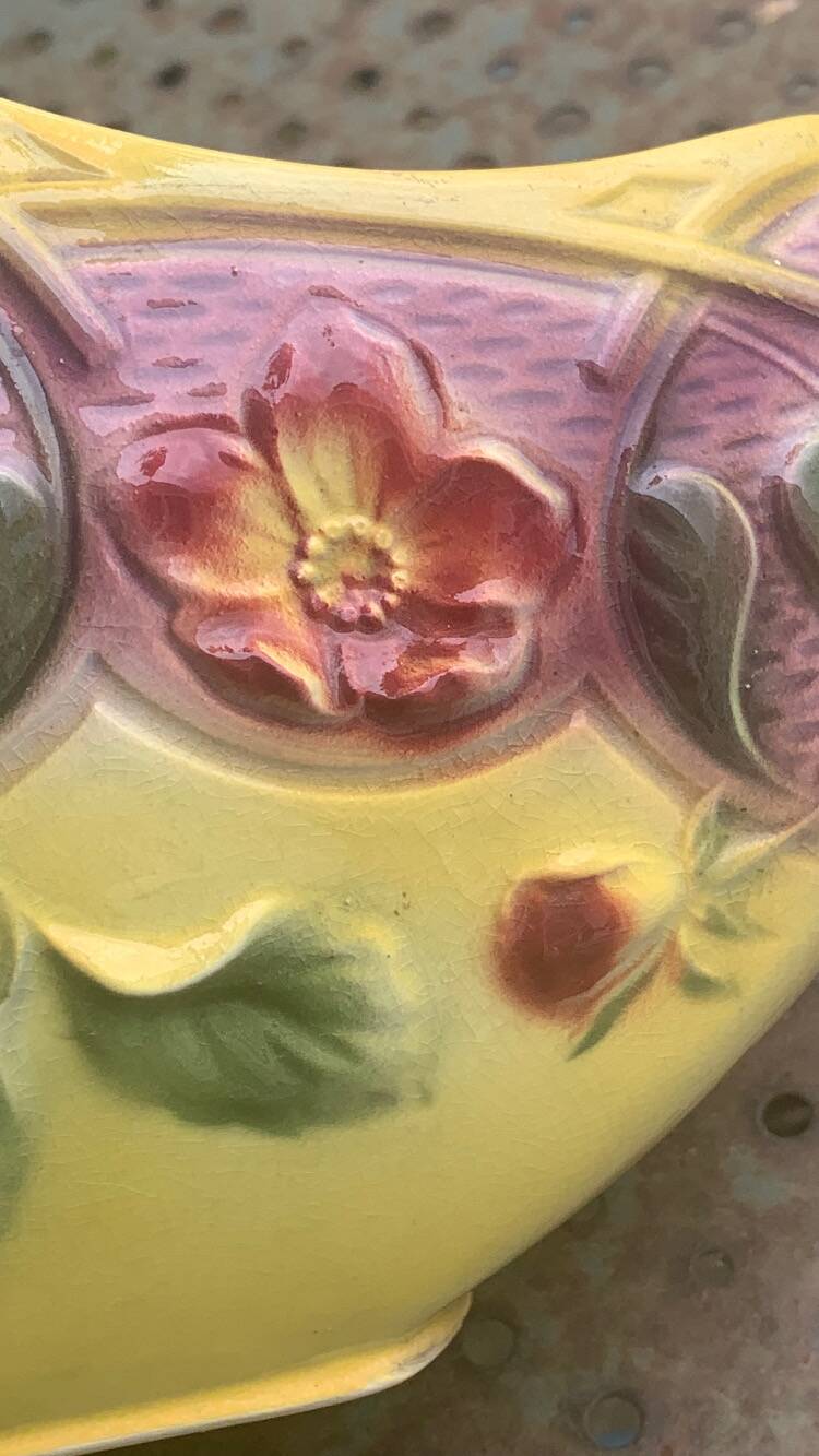 Yellow glazed ceramic slip planter, hawthorn pink flower pattern, art deco