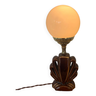 ▪️Lampe Céramique Et Globe Art Déco Coquille Stylisée Brun Et Or