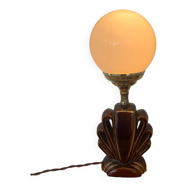 ▪️Lampe Céramique Et Globe Art Déco Coquille Stylisée Brun Et Or