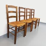 Set of 4 vintage brutalist chairs in wood and straw from the 60s