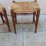 Pair of vintage wooden and straw stools from the 50s, rectangular