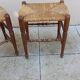 Pair of vintage wooden and straw stools from the 1950s, rectangular.