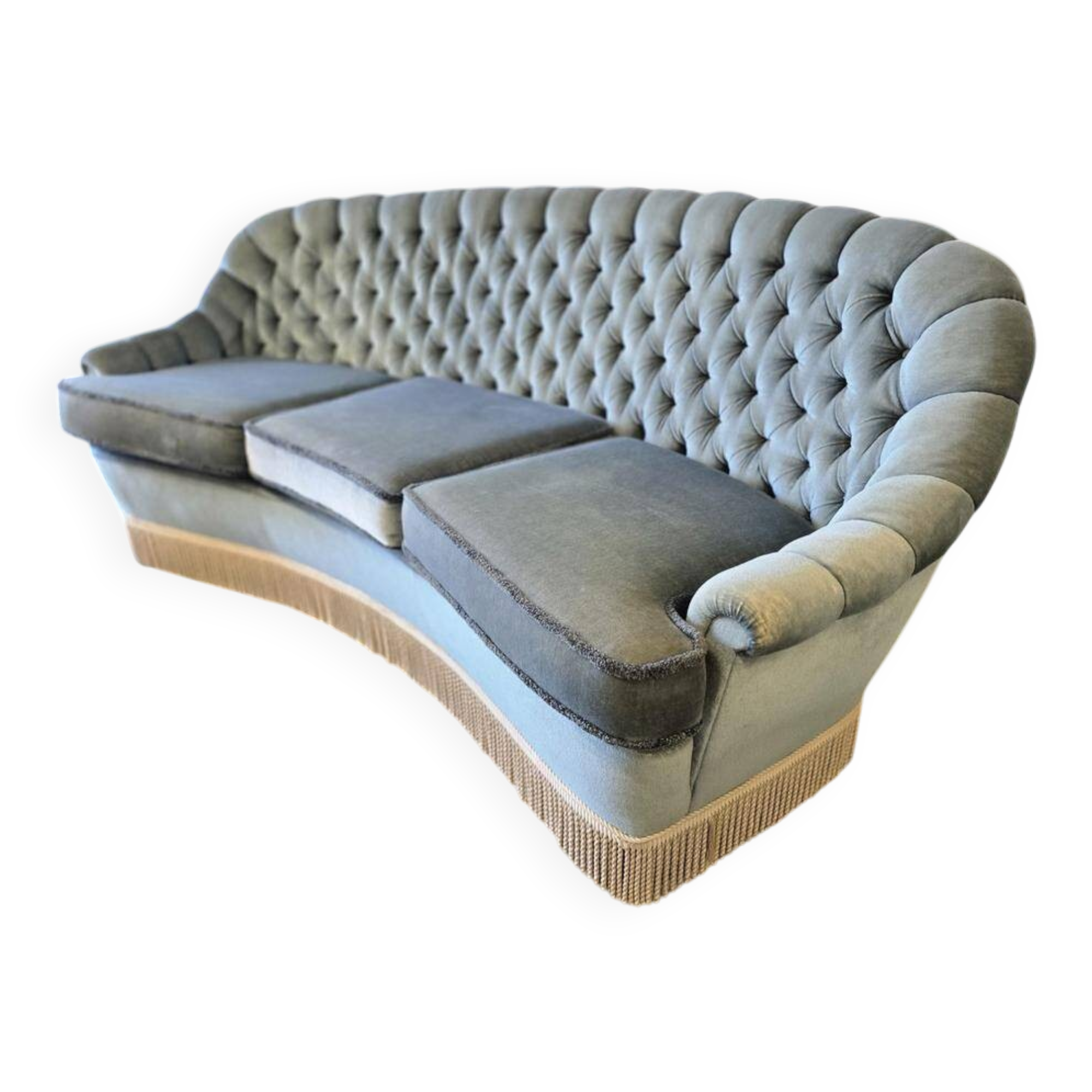 Light blue vintage sofa / armchair with fringes