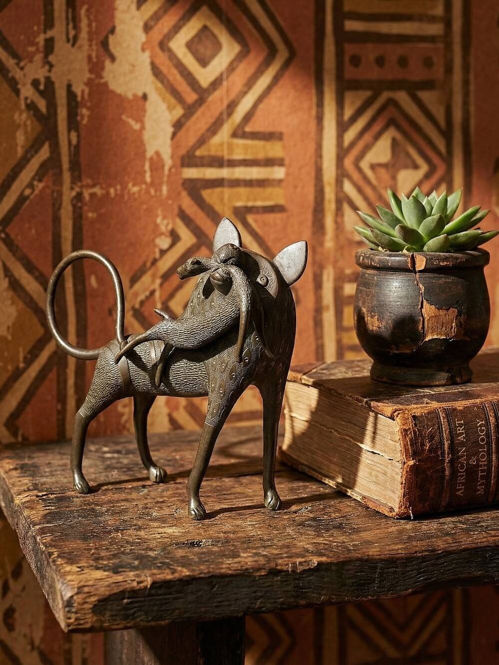 Subject, lion, hyena, Bronze beast from Benin Dahomey Cotonou vintage/antique.