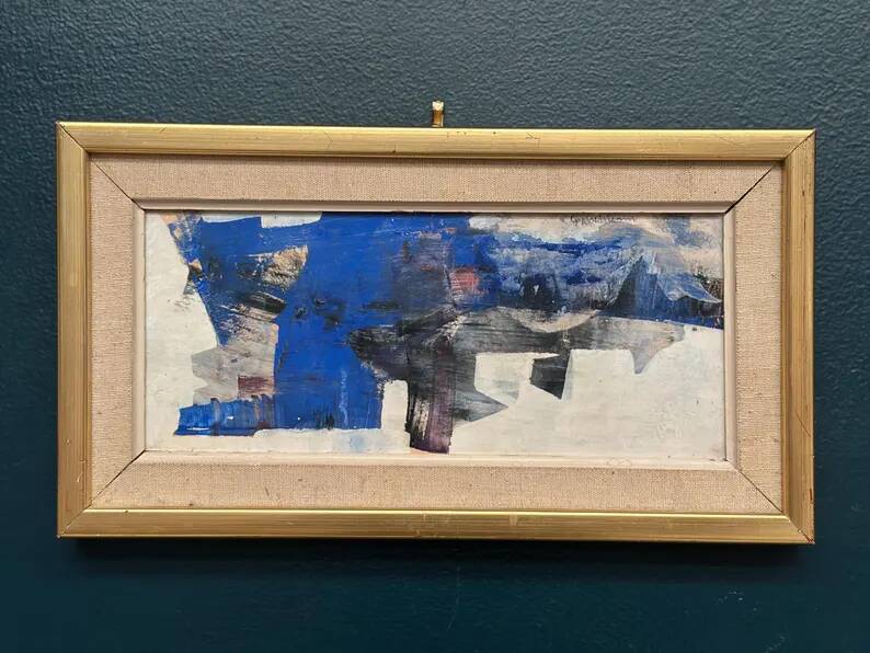Original Swedish Oil on Panel – "Blue Composition" by Gunnar Nordström – Signed – Vintage and Framed – 24.5 × 18.5 cm (9.6 in × 7.3 in)
