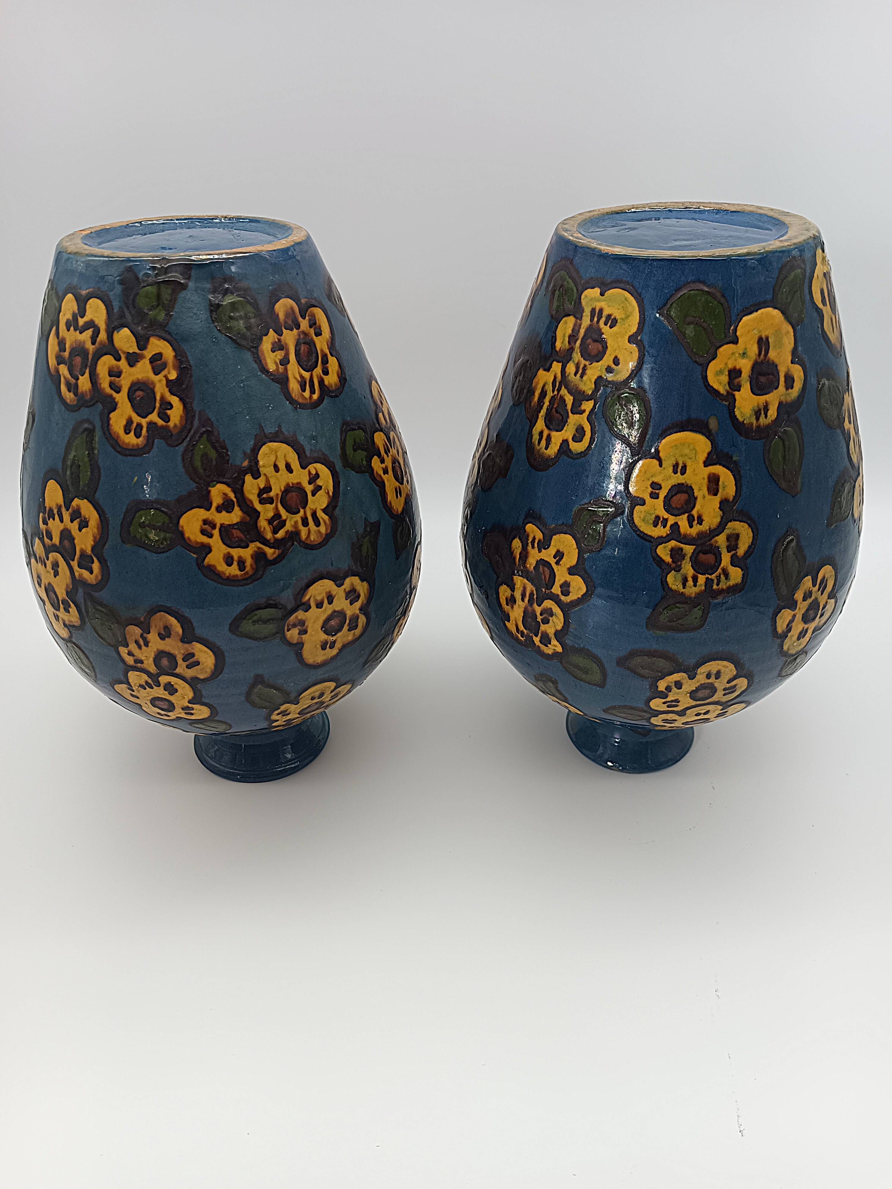 Pair of Large Art Deco Vases Émile Simonod H28cm Glazed Ceramic Blue