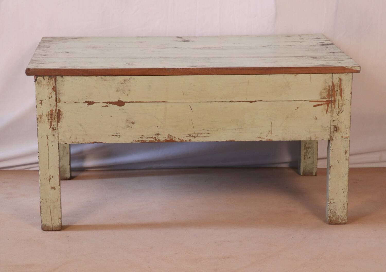 Antique bedside table in Burmese teak with original green cream patina.