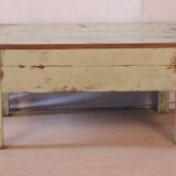 Antique Burmese teak bedside table with original green ecru patina