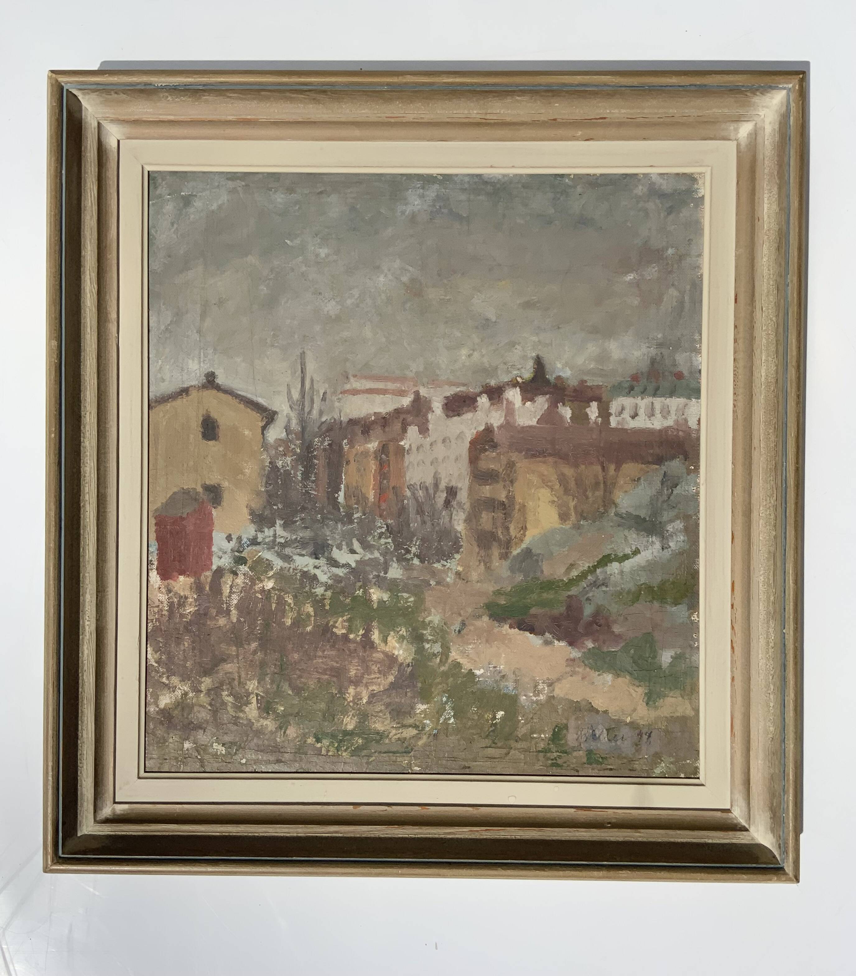 Vintage Impressionist Cityscape Scene Oil Painting Signed by Artist 1947