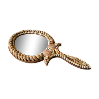 Wall mirror, hand facing in wood and shells