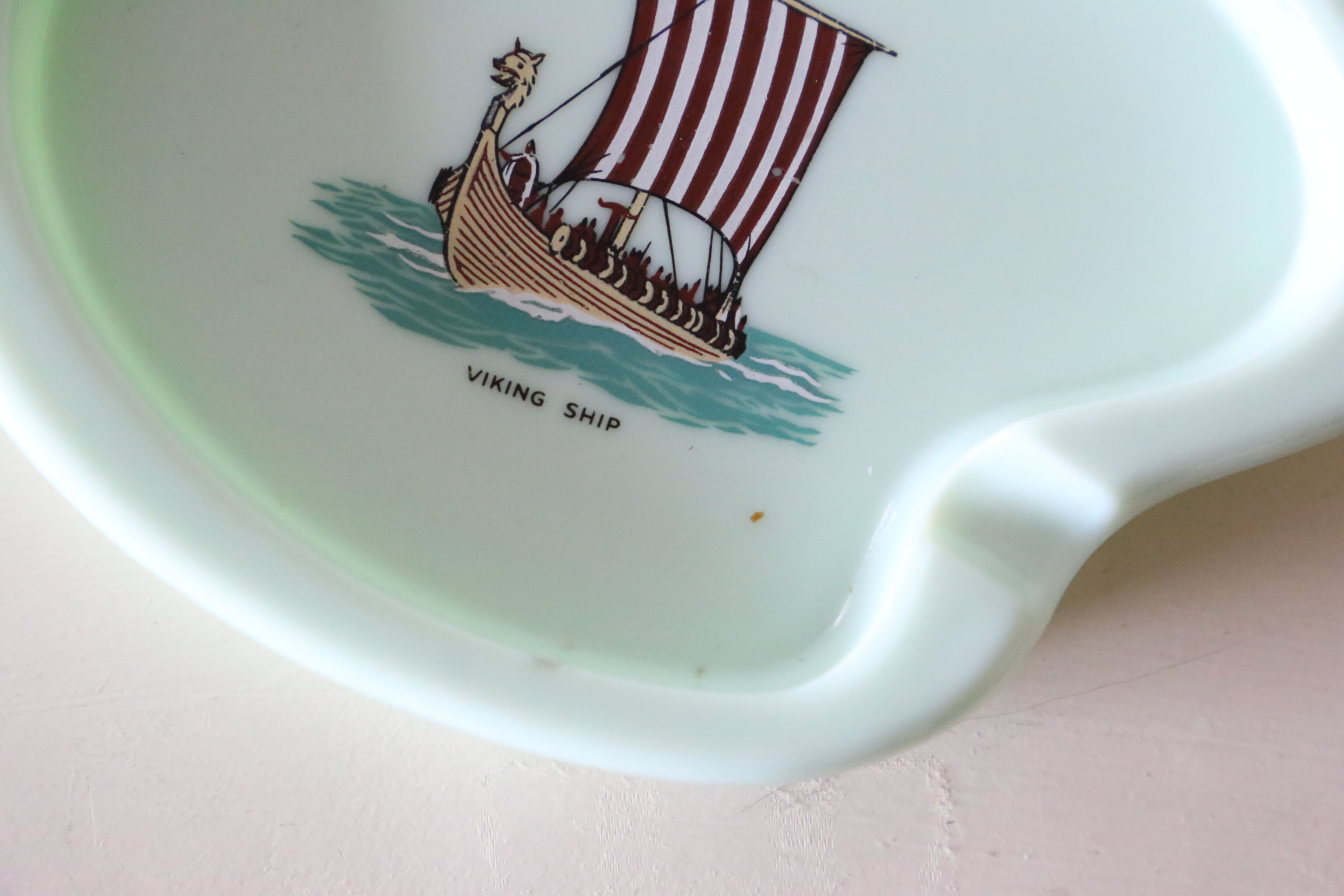 Opaline ashtray, mint color, Viking boat, vintage