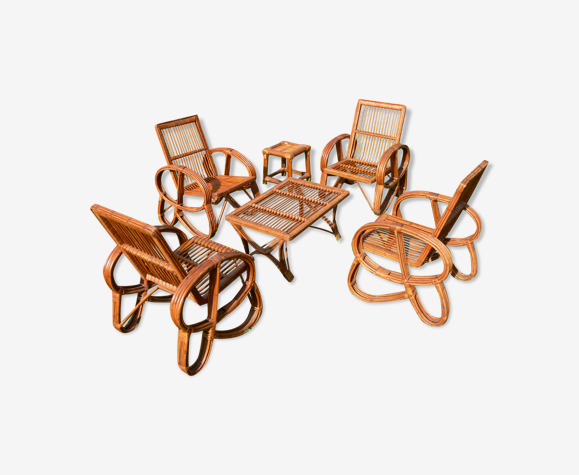 Salon de jardin Fauteuils et Table basse en rotin/bambou, style bretzel, années 50