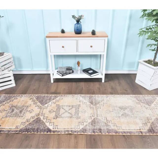 1960s Turkish Hand-Knotted Geometric Runner Rug 80x386